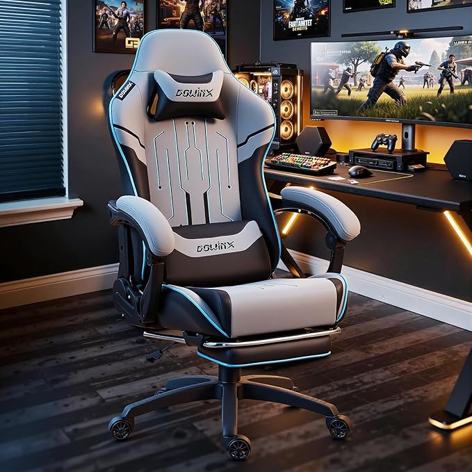 Dowinx Gaming Chair Big and Tall 350LBS Heavy Duty PC Gaming Chair with Massage &amp Footrest Ergonomic Reclining Gamer Chair with Embroidered Esports Design Grey