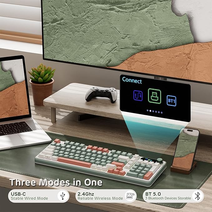 RK ROYAL KLUDGE S98 Mechanical Keyboard w/Smart Display &amp Knob Top Mount 96% Wireless Mechanical Keyboard BT/2.4G/USB-C Hot Swappable Software Support Creamy Sounding 98 Keys