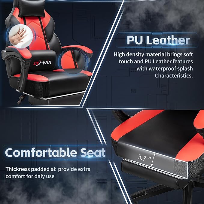 Gaming Chair Office Chair with Footrest and Lumbar Support Height Adjustable Game Chair with 360°-Swivel Seat and Headrest and for Office or Gaming (Deep Red)