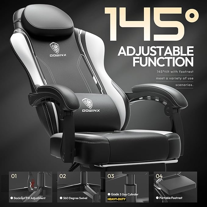 Dowinx Gaming Chair with Pocket Spring Cushion for Adults Ergonomic Computer Chair with Footrest and Massage Lumbar Support High Back Leather Game Chair for Office Gaming 300LBS White