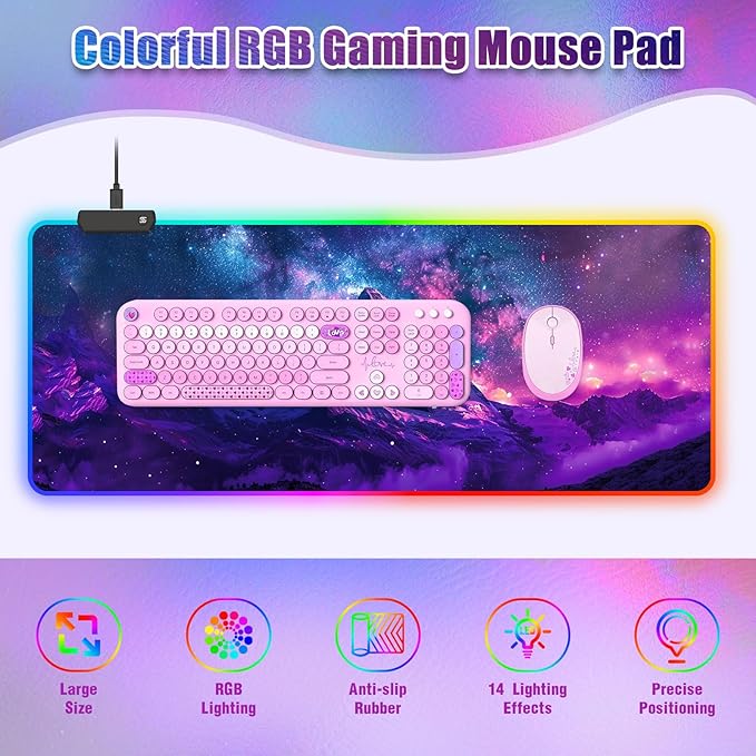 RGB Mouse Pad Led Desk Mat I 31.5 x 11.8 Inch Large Mouse Pad I XL Oversized Big Mouse mat 14 Led Light Modes I Anti-Slip Rubber Base Waterproof Keyboard Pad for PC Gaming I Starry Mountains