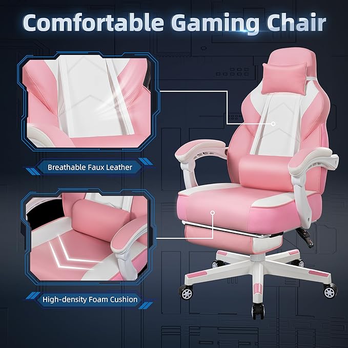 Vongrasig Ergonomic Gaming Chair for Adults PU Leather Office Seat with Head &amp Foot Rests (Pink)