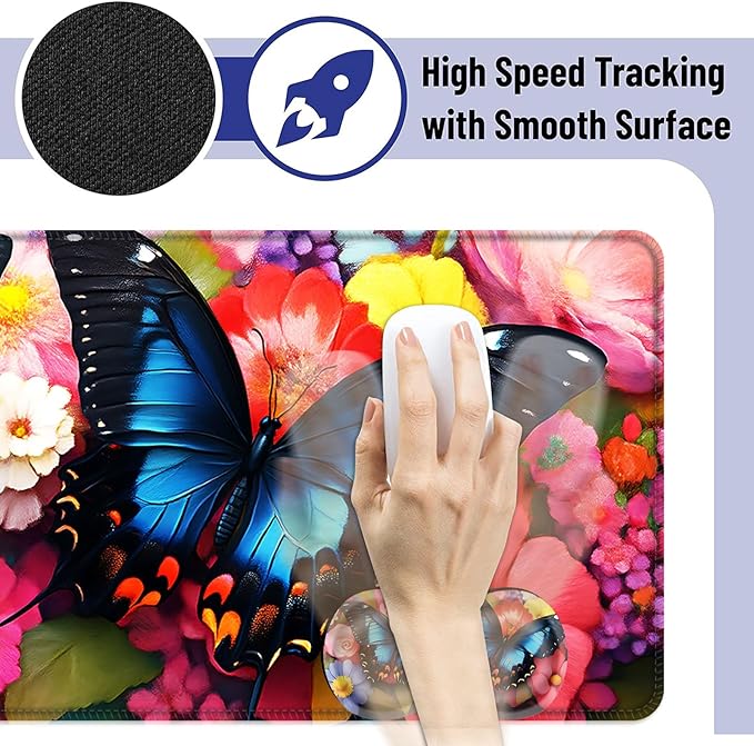 Large Mouse Pad and Keyboard Wrist Rest Desk Pad for Keyboard and Mouse 4-in-1 Large Gaming Mouse Pad with Wrist Support Desk Mat for Home Office Study GameColorful Butterfly and Flower