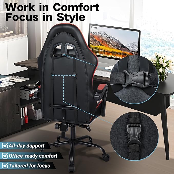 Gaming Chair Ergonomic Computer Chair with Footrest and Lumbar Support Height Adjustable Office Chair with 360° Swivel Seat and Headrest (Red &amp Black)
