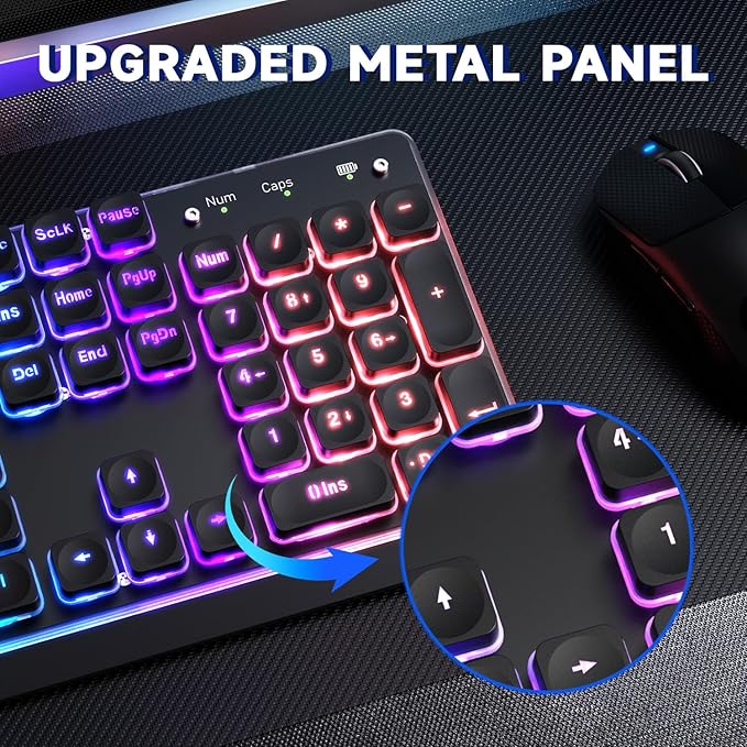 M104 Wireless Gaming Keyboard Wired/Bluetooth Mechanical Feel Light up Membrane Computer Keyboard with Numeric Keypad RGB Full Size Mental Panel 4000MAH Rechargeable Quiet for PC Gamer-Black