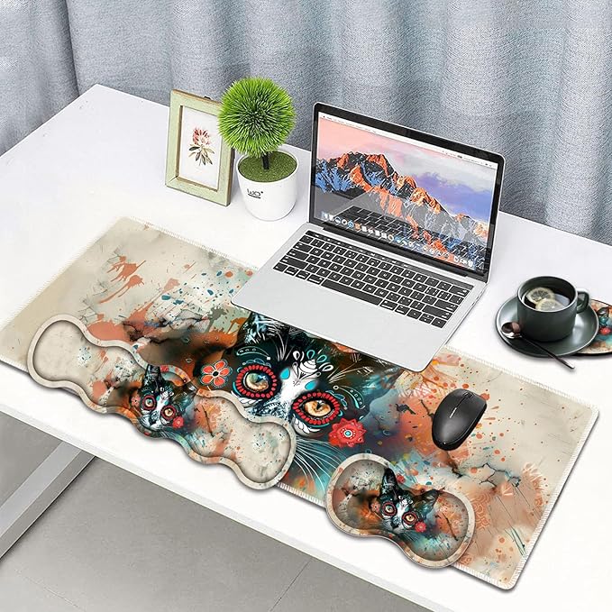 Large Gaming Mouse Pad Keyboard Wrist Rest Pad + Mouse Wrist Pad + Coaster 4 in 1 Set Extended Waterproof Non-Slip Desk Mat Suitable for Office Home Learning Games Artistic Cat Face