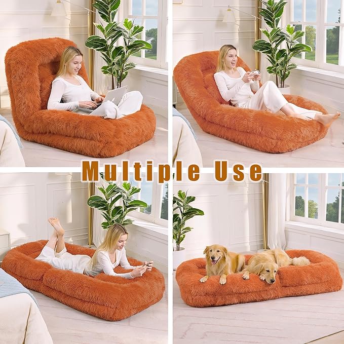 Floor Chair with Back Support Human Dog Bed with 5 Adjustable Position Convertible Lazy Floor Lounger Comfy Gaming Chair Plush Folding Sofa Bed for Adult Living Room Bedroom Orange