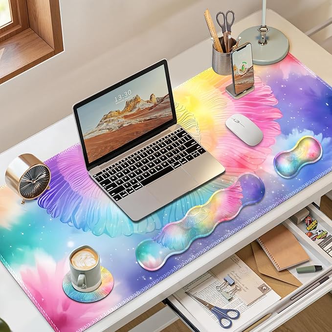 Desk Mat Gaming Mouse Pad Cute Desk Matt Keyboard Wrist Rest for Desktop Anti-Slip Big Mousepad Stitched Edges XXL Large Mouse Pad with Wrist Support for Home Office Computer I Dreamy Colors