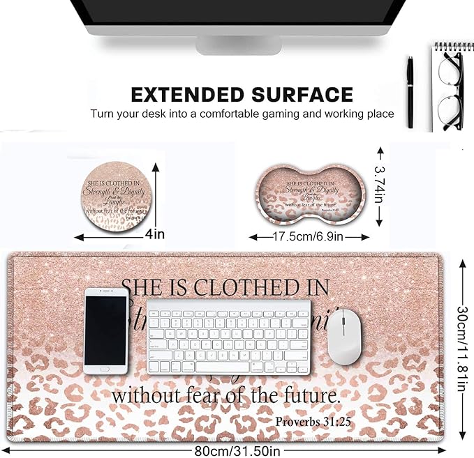 Desk Pad Extended Large Mouse Pad with Stitched Edges (31.5X11.8In) Ergonomic Mouse Wrist Rest Support Waterproof Computer Keyboard Mouse Mat Proverbs 31:25 Verse Pink Gilt XXL Gaming Mouse Pad