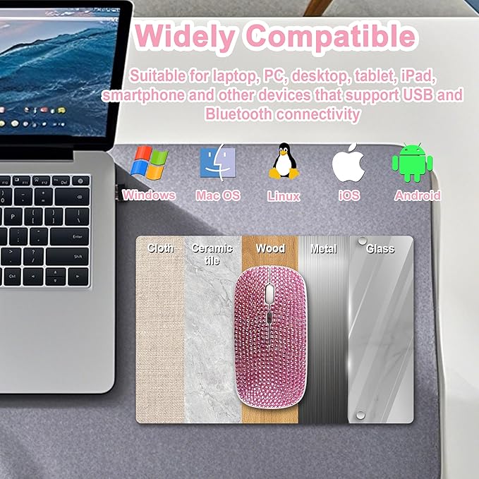 Wireless Mouse Bluetooth Cute Pink Bling Crystal Rhinestone Computer Mice with LED Light 2.4GHz &amp Bluetooth Dual Mode Rechargeable Silent USB Cordless Mouse for Laptop PC Tablet Phone Kids Adults