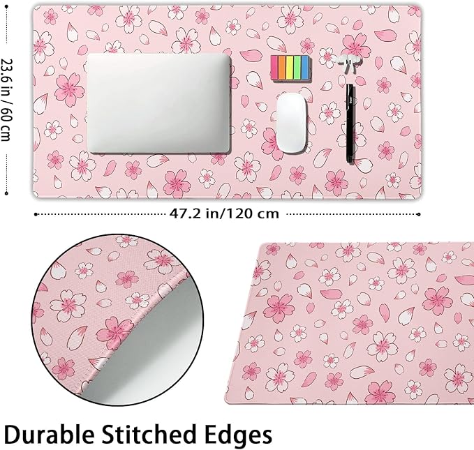 Pink Cherry Blossom Gaming Mouse Pad Extended 3XL Cute Anime Aesthetics Floral Kawaii Flower Large Mousepad Non-Slip Rubber Base Stitched Edge Long Keyboard Desk Mat for Computer47.2x23.6 In120x60cm