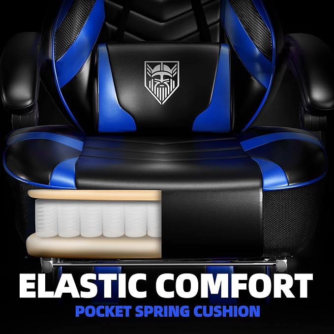 Vonesse Gaming Chair Big and Tall Gaming Chair with Footrest and Massage Gaming Chairs for Adults with Lumbar Support Ergonomic High Back Computer Chair with Pocket Spring Cushion (Black/Blue)