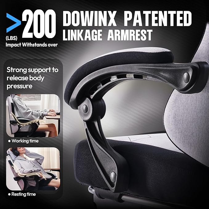 Dowinx Fabric Gaming Chair Ergonomic Computer Chair with Footrest and Pocket Spring Cushion Height Adjustable Video Gamer Chair with Lumbar Support for Adults White Grey