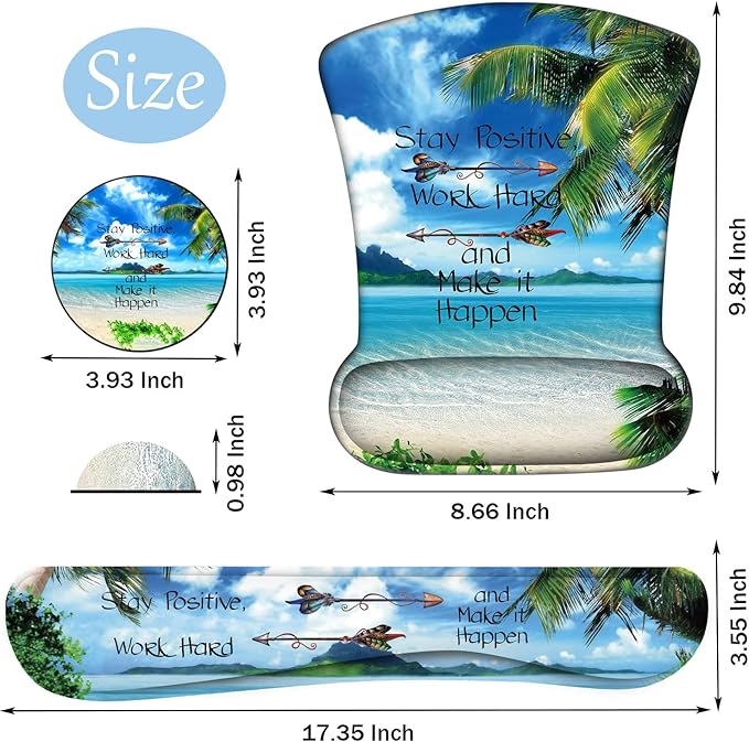 Keyboard Wrist Support + Wrist Mousepad + Coaster Combination Non-Slip PU Base with Gel Memory Mousepad Suitable for Gaming Office Pain Relief Mousepad Set - Shore Palms Tropical Beach