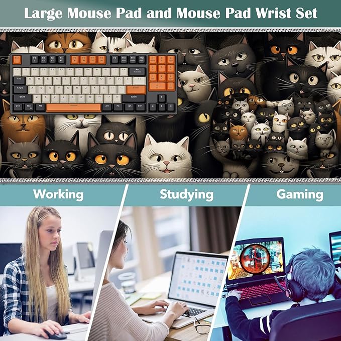 Large Game Mouse Pad + Wrist Support Pad + Coffee Coaster Desk Pad with Sewn Edges Anti-Slip Set pad Suitable for Office Work and Home - A Group of Cats