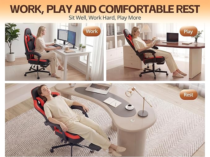 Office Chair Breathable Leather with Pocket Spring Cushion Wide and High Ergonomic Computer Gaming Chair with Headrest and Footrest for Adult and Teen Black and Red
