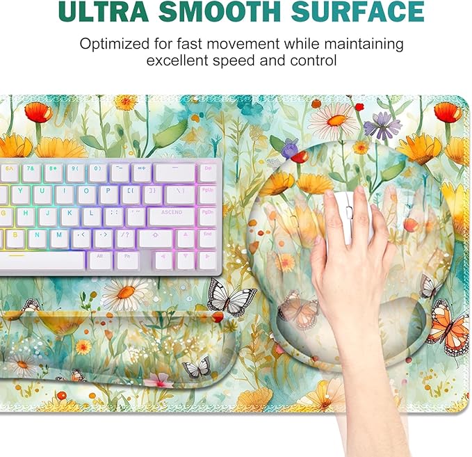 Gaming Mouse Pad Large Desk Mat Cute Desk Pad Protector 4in1 XXL Mousepad + Keyboard Wrist Rest+Mouse Wrist Rest+Coaster Set with Ergonomic Desk Pad for Home Office PC Computer Yellow Flowers