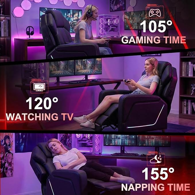 URRED Gaming Recliner Chair with LED Lights Ergonomic Video Game Reclining Chair with Footrest Lumbar Pillow Side Pocket Home Theater Recliner for Living Room Bedroom Gaming Room (Black)