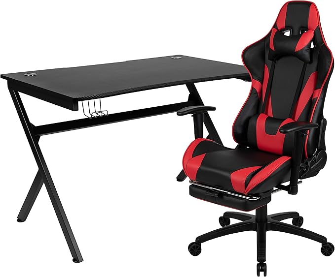 BizChair Black Gaming Desk and Red/Black Footrest Reclining Gaming Chair Set with Cup Holder Headphone Hook &amp 2 Wire Management Holes