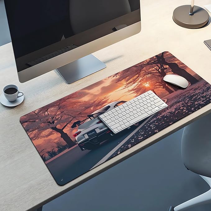 Car Mouse Pad with Stitched Edges Cherry Blossoms JDM Desk Mat Cool Sunset Desk Pad Computer Accessories Gaming Office Decor Keyboard Pads for Desk Rubber 40x90cm