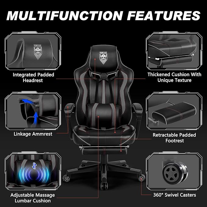 Vonesse Gaming Chair for Adults Reclining Gaming Chairs with Footrest and Massage Computer Gaming Chair for Heavy PeopleErgonomic Gamer Chair Big and Tall (Black/Gray)