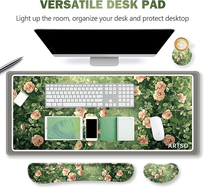 ARTSO Rose Floral Mouse Pad Wrist Support Set Desk Mat 4in1 XXL Large Mousepad + Keyboard Wrist Rest+Mouse Wrist Rest+Coaster Combo with Ergonomic Design for Home Office