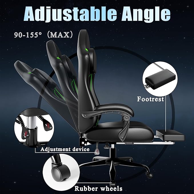 Ergonomic Gaming Chair Video Game Chair with Pocket Spring Cushion and Footrest Height Adjustable Computer Chair with Swivel Seat and Headrest (Green)