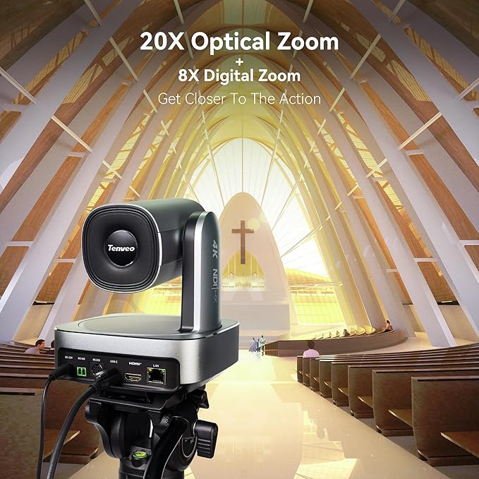 Tenveo 4K NDI PTZ Camera AI Humanoid &amp Face Auto-Tracking 20X Optical + 8X Digital Zoom USB3.0/HDMI/LAN PoE IP Live Streaming for Church Worship Broadcast Events Video Conference YouTube OBS