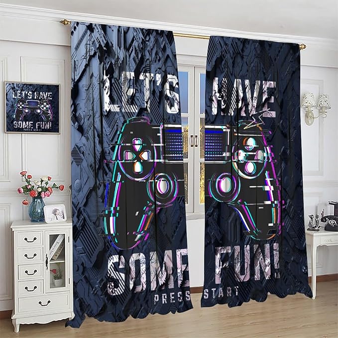 Modern Boys Gamepad Curtains - Abstract Digital Video Game Gamepad Neon Design Window Drapes Room Darkening Blackout Curtains Thermal Insulated Rod Pocket Curtains for Bedroom 2 Panels 63L x 36W