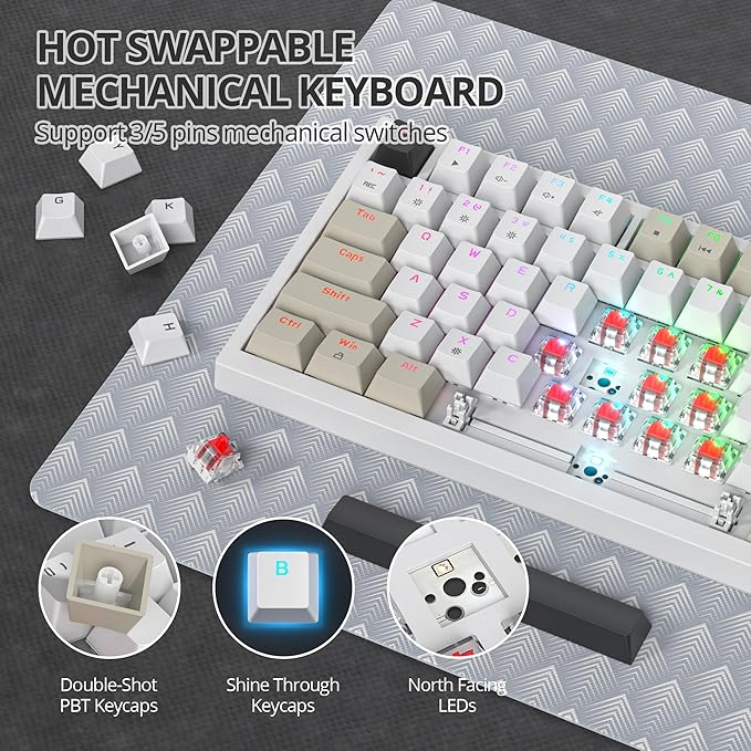75% Mechanical Gaming Keyboard with Volumn Knob Gasket Hot Swappable RGB Wired Red Switch 82 Keys Compact Creamy (Black Grey)