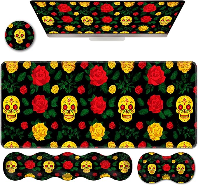 Ergonomic Keyboard Wrist Rest &amp Mouse Pad Wrist Rest SetXL Gaming Desk Mat 31.5x 11.8Non-Slip BaseMemory FoamEasy Typing Pain Relief for Office &amp HomeSugar Skull and Roses