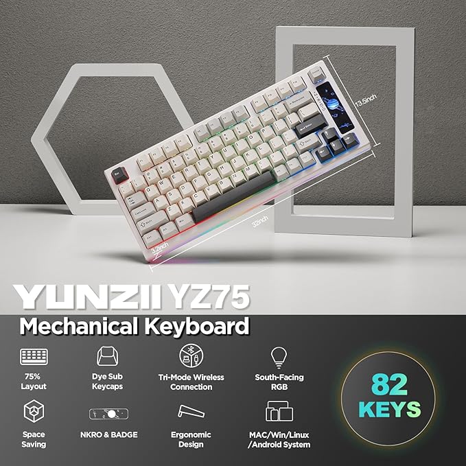 YUNZII YZ75 75% Hot Swappable Wireless Gaming Mechanical Keyboard RGB Backlights BT5.0/2.4G/USB-C Dye Sub PBT Keycaps for Linux/Win/Mac(Gateron G Pro Red White)