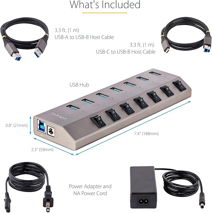 StarTech.com 7-Port Self-Powered USB-C Hub with Individual On/Off Switches USB 3.0 5Gbps Expansion Hub w/Power Supply Desktop/Laptop USB-C to USB-A Hub USB Type C Hub w/BC 1.2 (5G7AIBS-USB-HUB-NA)