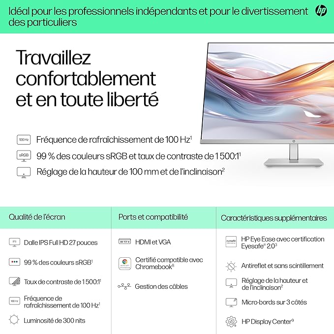 HP Series 5 527sh 27 FHD Height Adjust Monitor Refresh Rate 100Hz Response time 5ms GtG Contrast Ratio 1500:1 Edge-lit Flicker Free Anti-Glare HDMI VGA - 94C50AA (Renewed)