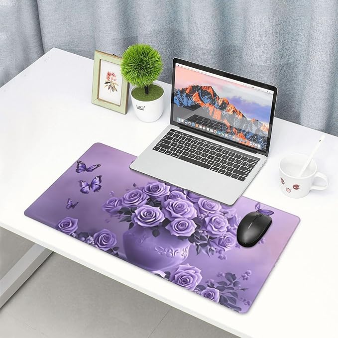 Purple Rose Butterfly Desk Cover MatExtended Large Mouse PadComputer Laptop Mat Desk Decor for Office Game Home 30x16 Inch