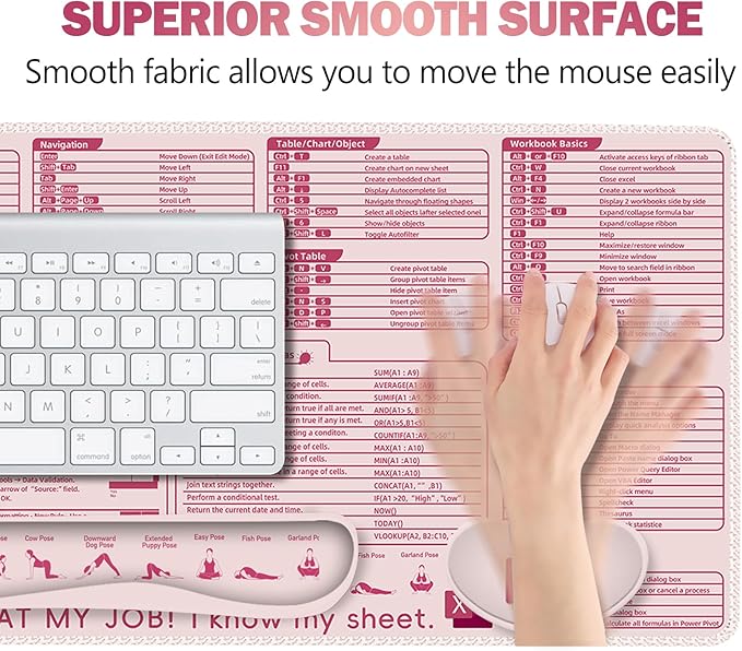 ARTSO Excel Shortcut Keys Mouse Pad Set Extended Large XL Cheat Sheet Gaming Mousepad with Wrist Rest Support Non-Slip Stitched Edge Keyboard Mat Pink