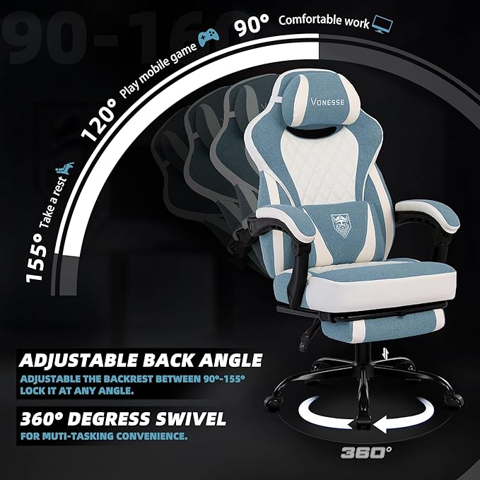 Vonesse Gaming Chair Reclining Fabric Gaming Chairs for Adults 250LBS Office Chair with Pocket Spring Cushion Computer Chair with Footrest and Massage Lumbar Support (Blue)