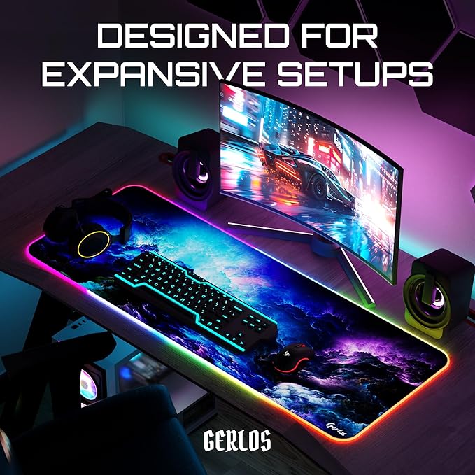 Gerlos RGB Large Gaming Mouse Pad Extended Soft LED Mouse Pad Non-Slip Rubber Base Water Resist Keyboard Pad Computer Mousepad 31.5×11.8 inches