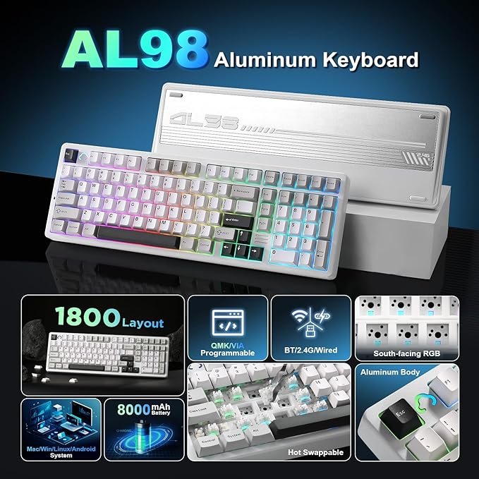 YUNZII AL98 QMK/VIA Wireless Mechanical Gaming KeyboardFull AluminumBT/2.4G/USB-C Pre-Lubed Hot Swappable Gasket Mount 1800 LayoutRGB Backlit for Win/Mac (White Cocoa Cream V2 Switch)