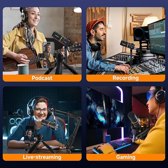 COMICA EJoy D10(A) USB/XLR Dynamic Gaming Microphone – Boom Arm Mic with Noise Cancellation Real-Time Monitoring Muting RGB Professional Studio Mic for Gaming Streaming Podcast Recording (Black)