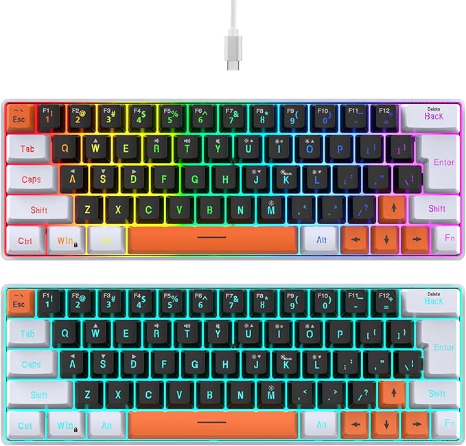 Snpurdiri 60 Percent Wired Gaming Keyboard 63 Keys RGB Backlit Small Gaming Keyboard for PC Gamer Typist Travel Easy to Carry on Business Trip(Black-White-Orange)