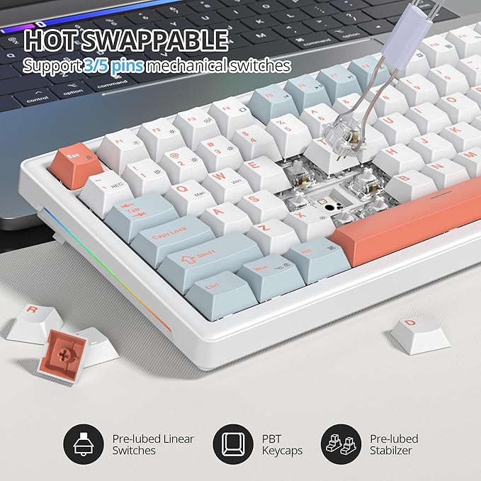 75% Mechanical Keyboard Gasket with Knob Custom Wired Creamy Gaming Keyboard TKL 75 Percent Hot Swappable RGB Backlit Pre-lubed Switch for Win/MAC PC Laptop（Salmon/White）