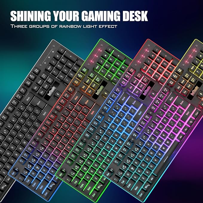 RedThunder K10 Wireless Gaming Keyboard and Mouse Combo LED Backlit Rechargeable 3800mAh Battery Mechanical Feel Anti-ghosting Keyboard + 7D 3200DPI Mice for PC Gamer (Black)