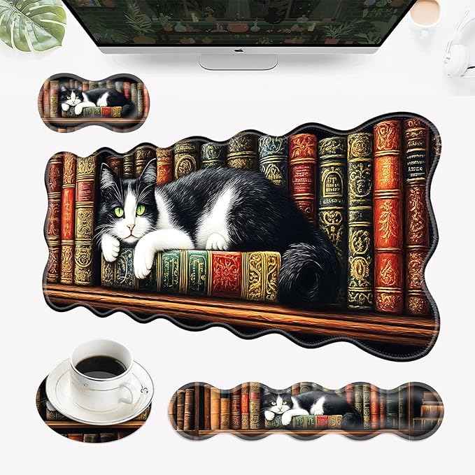 Desk Mat Mouse Pad with Wrist Rest 4-in-1 Large Mouse Pads for Desk Ergonomic Mouse Pad and Keyboard Wrist Rest Gaming Keyboard Mat for OfficeCat on Bookshelf