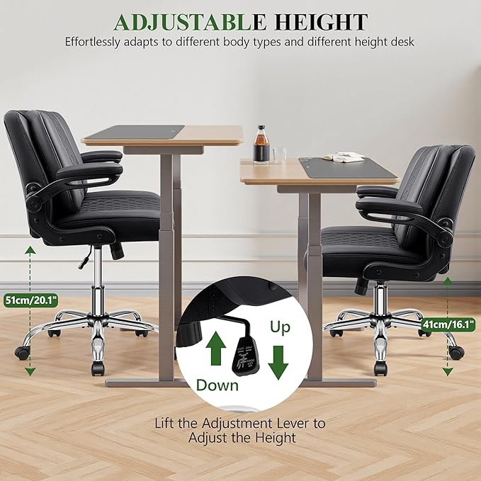 Criss Cross Office Chair with 2-in-1 Flip Backrest – Ergonomic PU Leather Floor Sitting Chair Adjustable Height 360° Swivel &amp Flip-Up Arms Extra-Wide Seat for Home Office Vanity Nail Salon-Bl