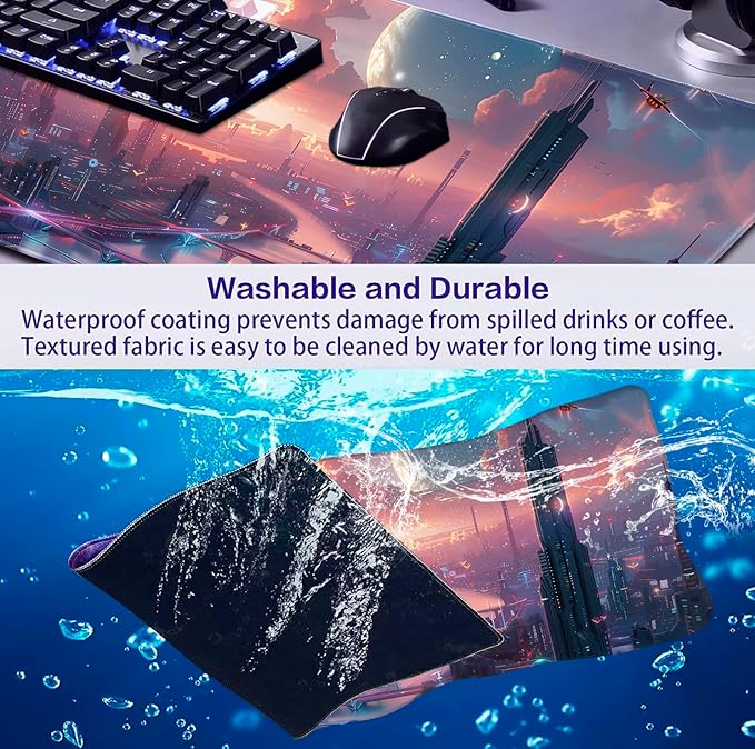 Digital Anime City Night View Office Art Desk Mat Female Aesthetic Style Oversized Stitched Edge Laptop Keyboard Desk Mat 35.4 x 15.7 x 0.12 Inches