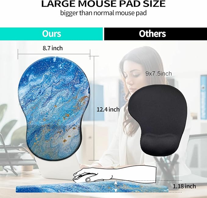 Mouse Pad with Wrist Support Gel Blue Ocean Pattern Design Ergonomic Gaming Mousepad with Wrist Rest for Laptop Computer Home Office Working Mouse Mat + A Cute Coffee Pad