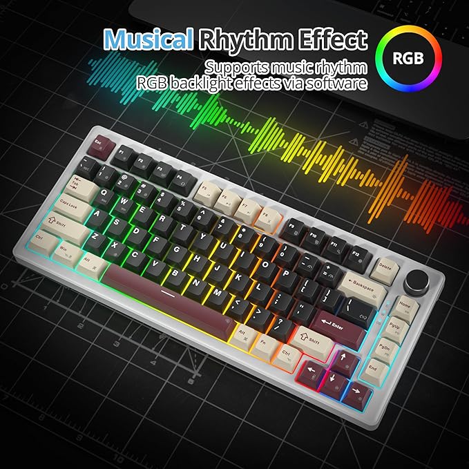 75% Mechanical Keyboard Gasket with Knob Custom Wired Creamy Gaming Keyboard TKL 75 Percent Hot Swappable RGB Backlit Pre-lubed Switch for Win/MAC（Roma/White Switch）