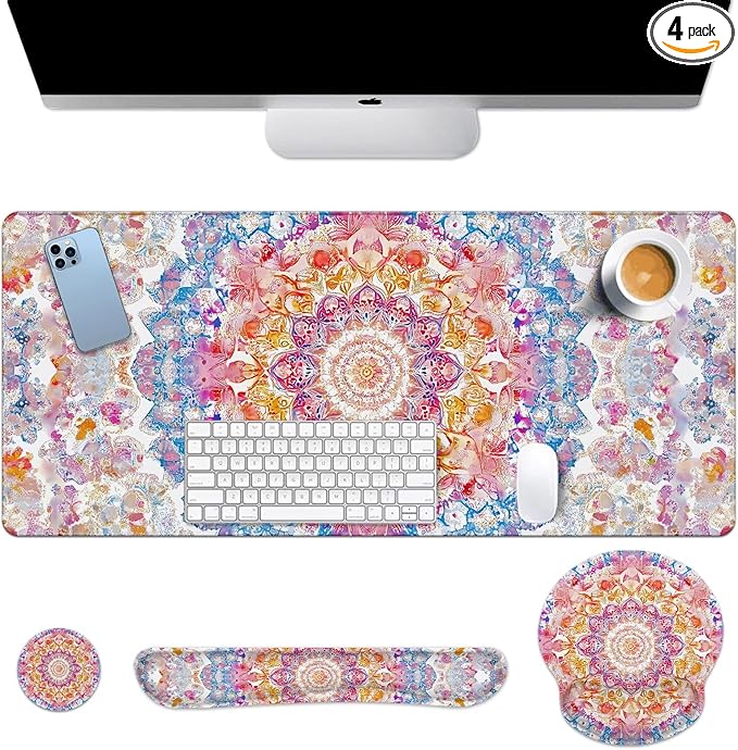 Arttown Boho Flower Floral Desk Mat Ornate Colorful Mouse Pad Set 4 in 1 Vintage Ergonomic Design Large Desk Pad + Keyboard Wrist Rest + Mouse Wrist Rest + Coaster Suitable for Home Office Study Game