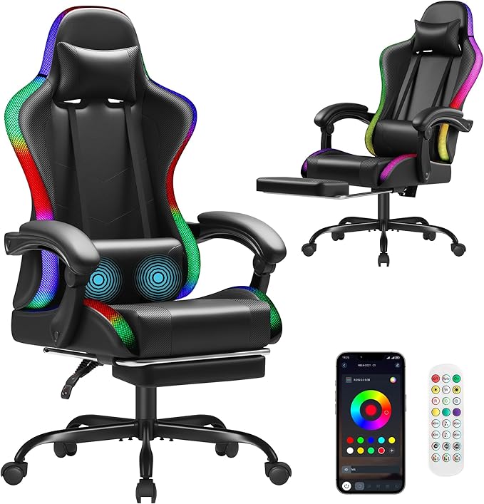 Homall Gaming Chair Video Game Chair with Footrest and Massage Lumbar Support Ergonomic Computer Chair Height Adjustable with Swivel Seat and Headrest (RGB Dark Black)